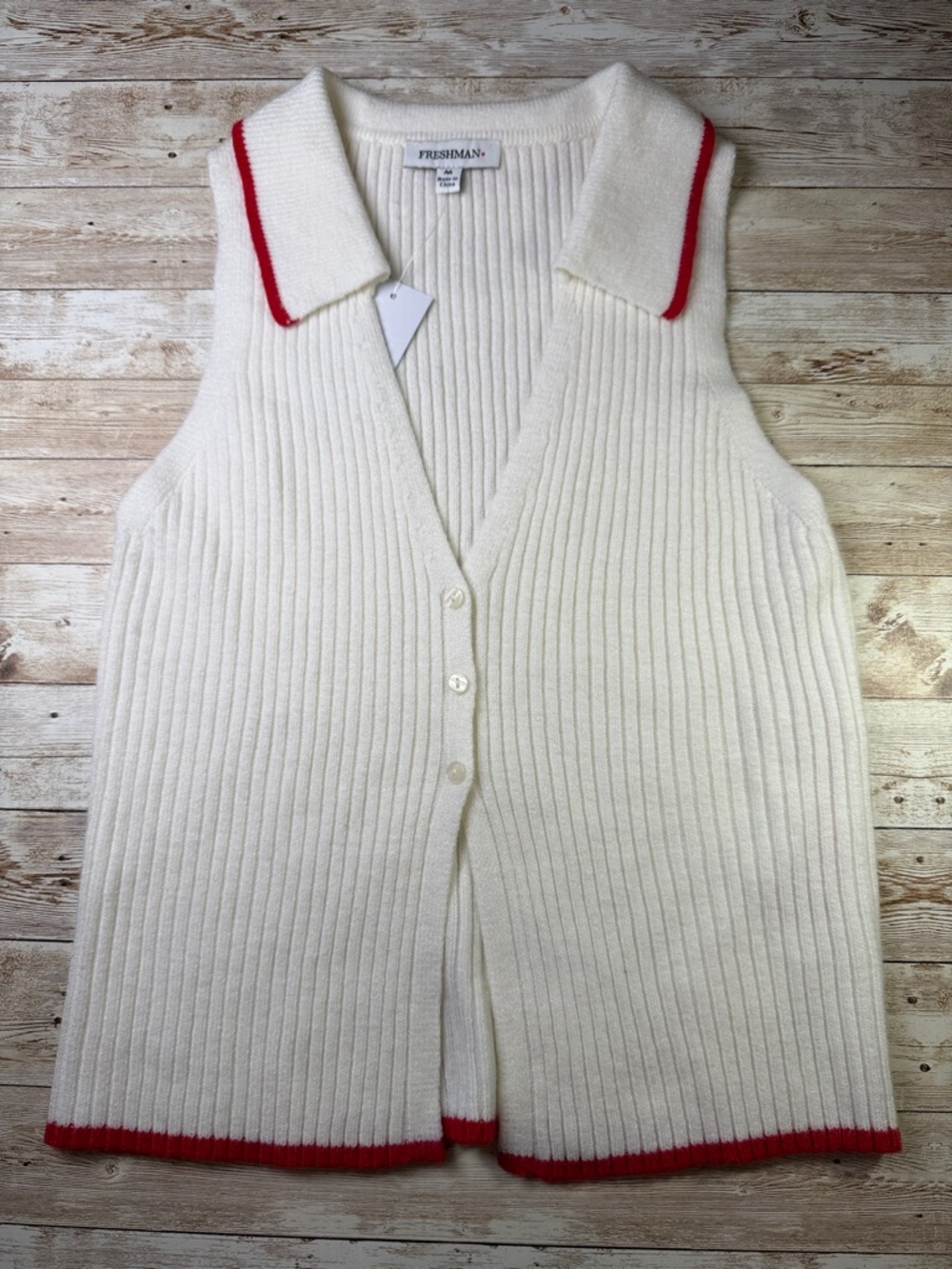 Freshman Cream Ribbed Sleeveless Cardigan with Red Trim